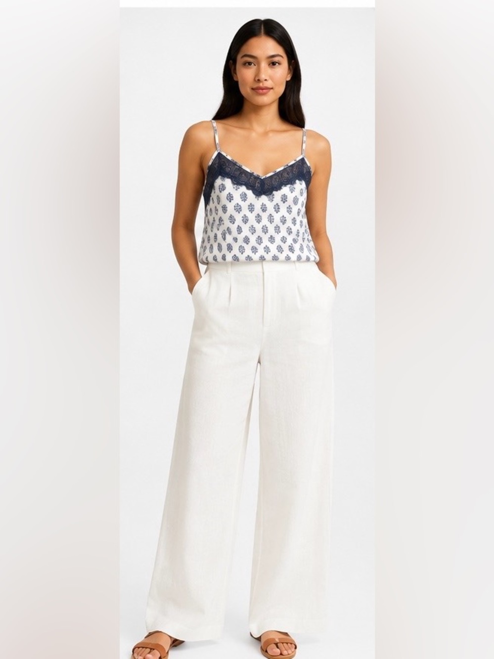 Tahari Blue Floral Lace Trim Cami Tank Top Size L NWT